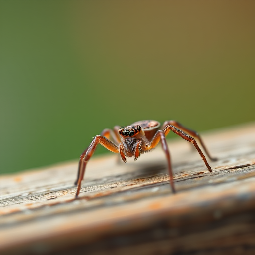 macro shot of a spider on a wooden surface with soft focus background, 100mm macro lens, f/2.8 aperture, ISO 200, 1/100 sec shutter speed, natural lighting, close-up perspective, DSLR camera