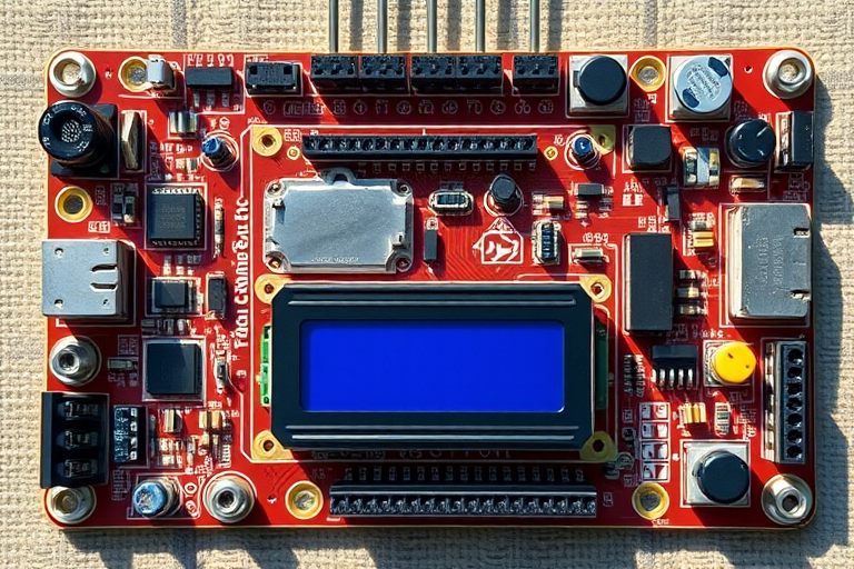 Generate a detailed image of a microcontroller board layout with an LCD display and various components, using a Canon EOS 5D Mark IV camera, aperture f/2.8, ISO 100, 24mm focal length, shot from a top-down view in natural lighting to enhance clarity and color vibrancy.