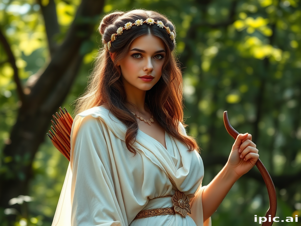Create a portrait of a goddess-like female figure in a tranquil, forested environment. She has an elegant appearance with long, wavy hair styled in an updo and adorned with a delicate, floral headband. She wears a flowing, ancient Greek-inspired gown in a soft, pale color, featuring a one-shoulder design and draped fabric that accentuates her graceful form. The outfit includes a decorative belt with ornate gold detailing, and she holds a bow in her hand, with a quiver of arrows slung over her shoulder. The background depicts lush greenery, with sunlight filtering through the trees, casting a gentle, ethereal light on the scene. Her expression is calm and contemplative, embodying a sense of wisdom and serenity.