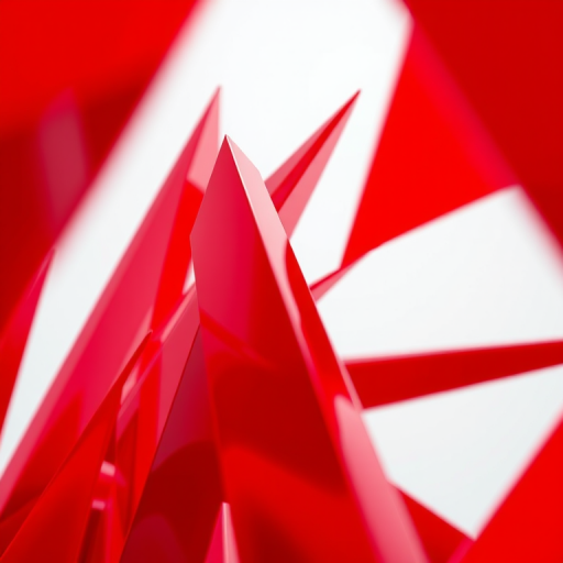 Generate an abstract image featuring sharp, angular red shards with a glossy finish, using a Canon EOS R5 with a 24-70mm f/2.8 lens, ISO 100, aperture f/8, shutter speed 1/125s, view from a low angle, in vibrant colors and high contrast for enhanced clarity.