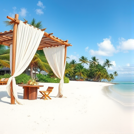 Create a picturesque tropical beach scene featuring a serene, white sandy shore. In the foreground, there's a rustic wooden canopy with white drapes gently flowing in the breeze. Underneath the canopy, a table is set with tropical decor, evoking a sense of relaxation and leisure. The beach extends into a calm, shallow water area with reflections of the sky and surroundings. Palm trees and lush greenery line the edge of the beach, providing a natural, tropical backdrop. The sky is clear with a few scattered clouds, and the overall atmosphere is tranquil and inviting, perfect for a peaceful retreat.