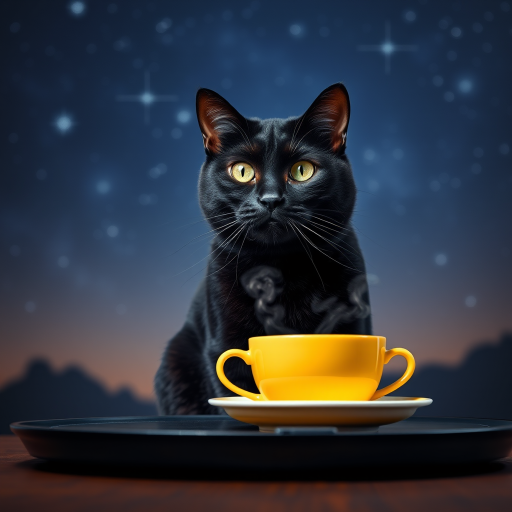 A surreal black cat with vivid yellow eyes sitting in front of a steaming yellow cup on a table against a starry night background, captured with a DSLR camera, aperture f/2.8, ISO 100, 50mm lens, soft focus style, high resolution.