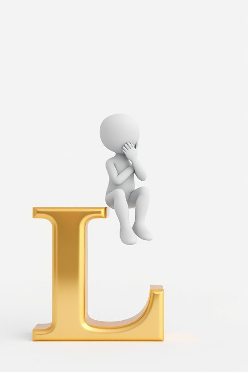 Generate a 3D render of a small white humanoid figure sitting thoughtfully on a large shiny gold letter "L" against a plain white background using a Canon EOS 5D Mark IV with a 50mm lens at f/1.8, ISO 200, and a shutter speed of 1/200s, capturing a soft focus with a slight depth of field effect.