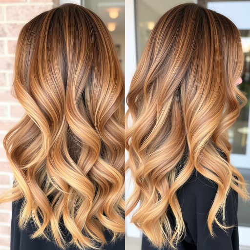 Warm caramel balayage in the "Honey Drizzle" style flows in beachy waves with sun-kissed dimension and movement
