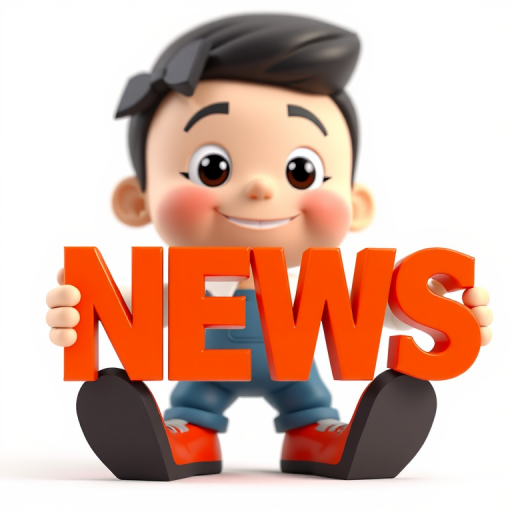 Create a high-resolution 3D rendered image of a cartoon character holding the word NEWS in bold orange letters, using a 50mm lens, f/8 aperture, ISO 100, shot from a low angle perspective with soft studio lighting, in a clean white background.