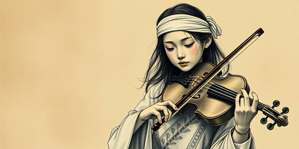 a young Ainu woman with a white headband playing a violin, in the style of a charcoal drawing, sepia grunge background