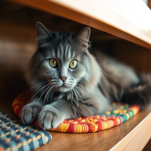 A fluffy gray cat with striking green eyes lounging on a colorful woven mat inside a wooden shelf, natural light, aperture f/2.8, shutter speed 1/100s, ISO 200, taken with a DSLR camera using a 50mm lens in a shallow depth of field.