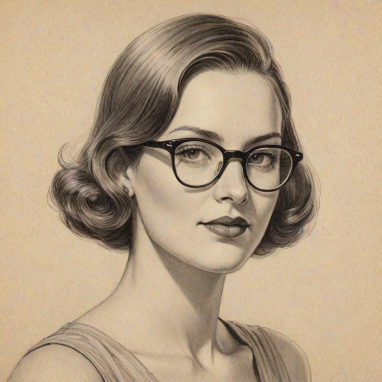 Attractive Kat Foster, pencil sketch, portrait of Enticing woman 1933s in glasses, hair style beatnik, outline, clear lines, fine lines, 8k
