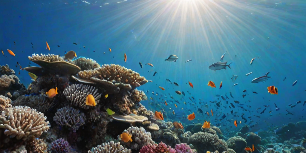 Vibrant coral reef teeming with marine life, schools of colorful fish swimming through the clear blue water, and sunlight filtering down from above.