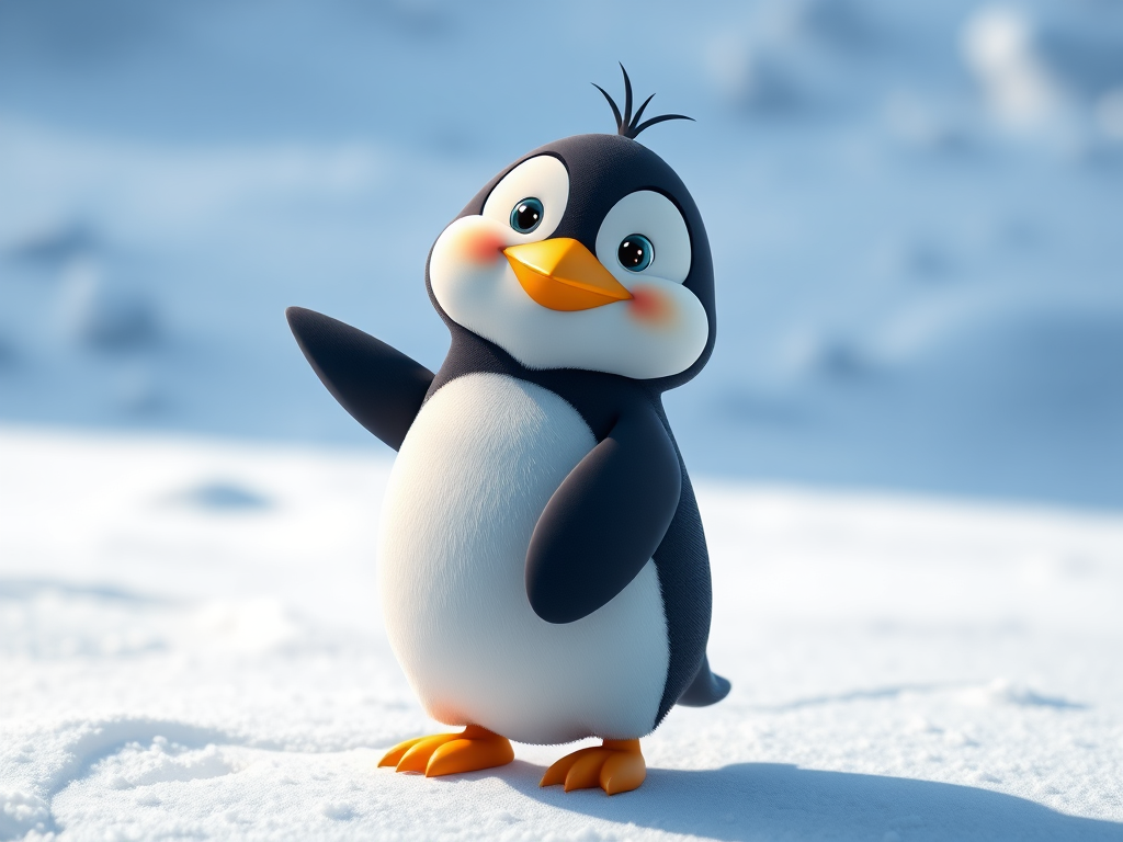 Create a vibrant, high-resolution digital illustration of a cartoon penguin with a playful expression, standing on a snowy surface, using a Canon EOS R5 camera with a 50mm f/1.2 lens, shot at f/1.8, ISO 100, at a 45-degree angle for depth, in bright daylight to enhance colors.