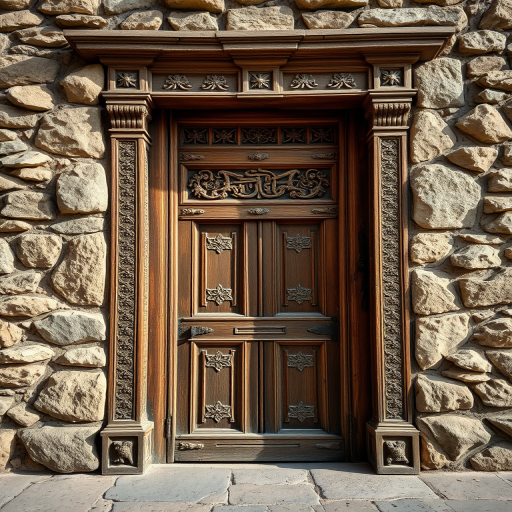 create a high-resolution image of an ancient wooden door with intricate carvings, set against a rustic stone wall, taken from a low angle with a 35mm lens, aperture f/8, ISO 100, natural lighting, HDR style, DSLR camera