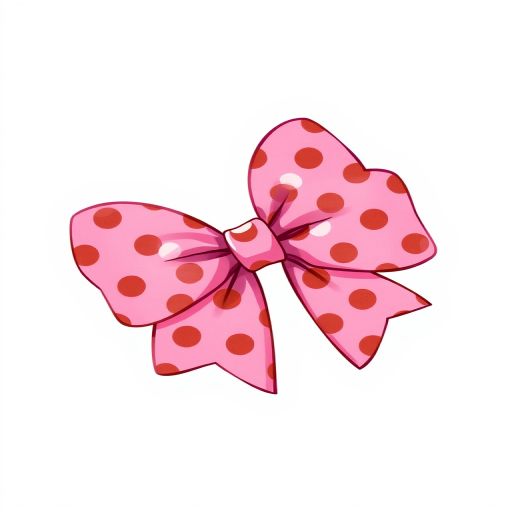 Create a vibrant illustration of a pink polka dot bow with brown spots, using a high-resolution setting, focus on soft lighting, shot from a slightly elevated angle, in a digital art style, capturing sharp details and a crisp background.