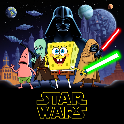 Create a parody of the Star Wars poster with SpongeBob as Luke Skywalker, holding a glowing spatula like a lightsaber. Patrick Star takes the role of Han Solo, holding a blaster, while Squidward is Obi-Wan Kenobi, draped in robes. In the background, Plankton appears as Darth Vader, with Bikini Bottom’s landmarks reimagined as spaceships and planets. The iconic Star Wars logo is swapped for "Sponge Wars," creating a playful, sci-fi adventure scene.