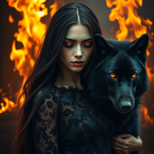 A woman with long dark hair, wearing a black lace dress that seamlessly blends into her skin with intricate floral patterns. She is in the foreground, with a black wolf beside her; its fur is midnight black, and it has glowing, intense, orange eyes that match hers. Her eyes are partially closed with burning embers above them, giving a fiery and mystical aura. The background is engulfed in tall, roaring flames, contributing to an overall dark and supernatural atmosphere. The colors are intense, predominantly black, fiery orange, and deep reds, with sharp contrast highlighting the mysterious and fierce theme. The flames are bright and dynamic, casting dramatic light and shadow, illuminating the woman and wolf while leaving parts in near darkness. The image evokes a sense of otherworldly power and connection between the woman and the wolf.