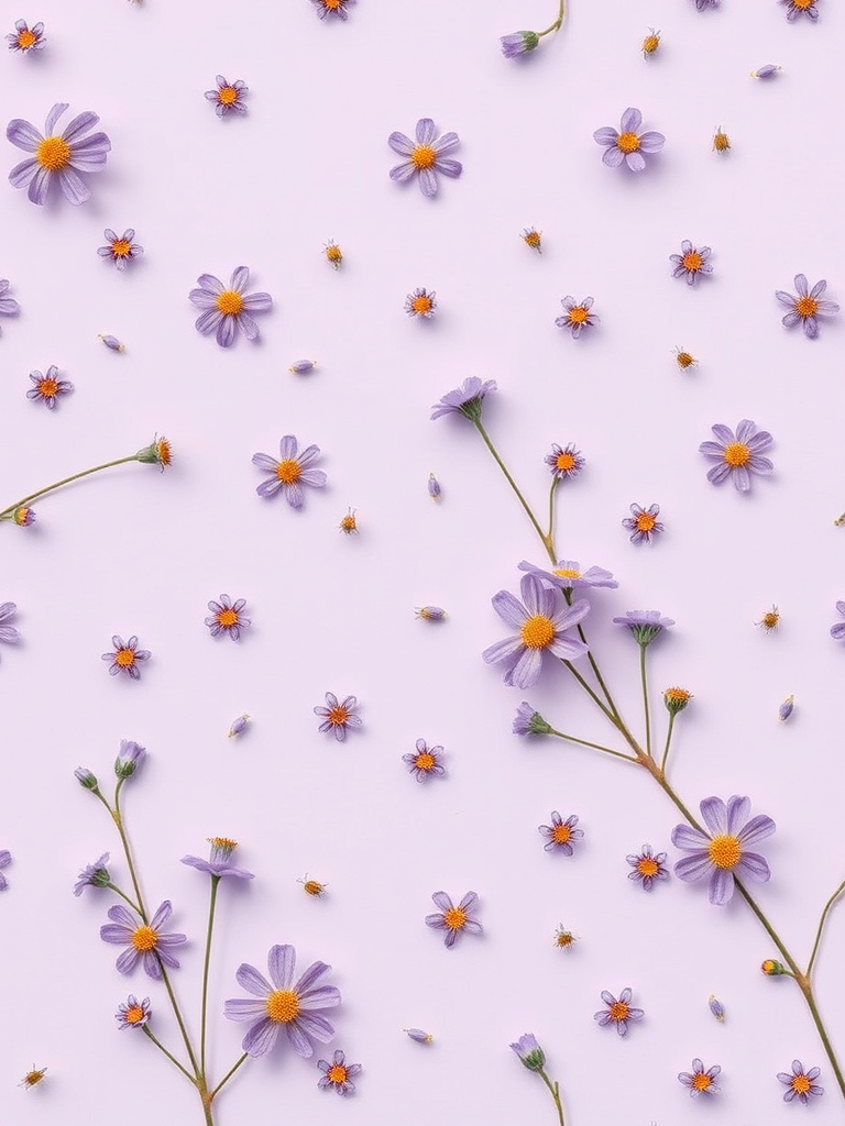 Create a seamless floral pattern with small flowers and circles in shades of purple on a light purple background, using a Canon EOS R5, 50mm lens, f/8 aperture, ISO 100, in soft natural light for enhanced clarity and detail.