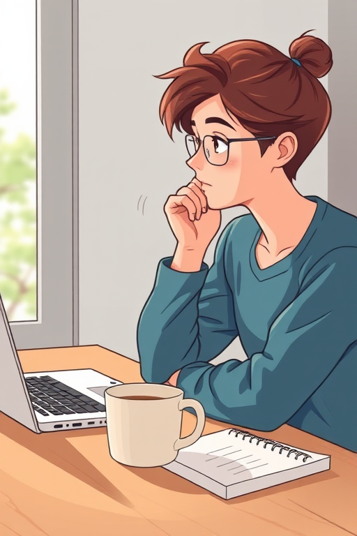 Create an illustration of a thoughtful person sitting at a desk with a laptop, a coffee mug, and a notebook; use a high-resolution digital style, close-up view, DSLR camera type, f/1.8 aperture, ISO 100, 50mm lens, soft natural lighting.