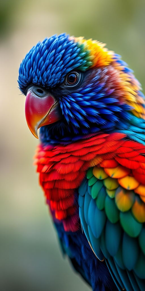 Regenerate a vibrant portrait of a bird with a focus on its detailed feathers and striking colors, using a Canon EOS 5D Mark IV, 85mm lens, f/1.8 aperture, ISO 100, 1/200 sec exposure, soft natural light, and a shallow depth of field to create an artistic blurred background.