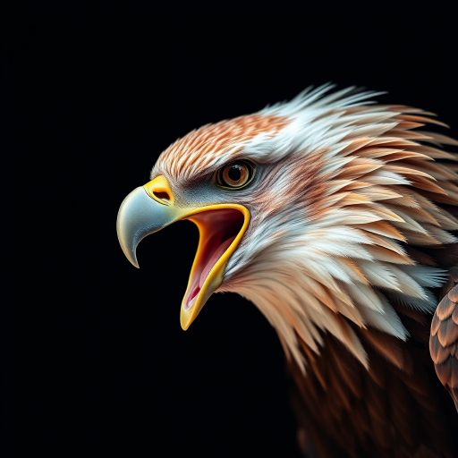 regenerate a highly detailed portrait of a roaring eagle with intricate feather textures and vivid colors, using a Canon EOS R5 camera with an 85mm f/1.2 lens, ISO 200, aperture f/2.8, shutter speed 1/500s, and dramatic lighting to enhance the features against a dark background.