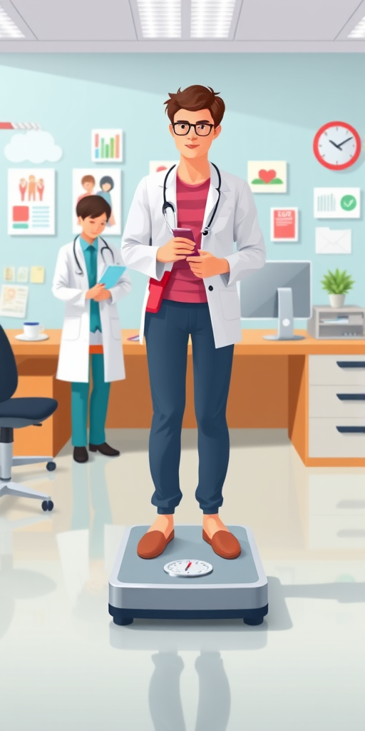 illustration of a healthcare scene showing a patient standing on a scale with a doctor taking notes, background featuring a desk with a computer and health-related images, use bright colors, set in a well-lit office environment, camera settings: f/8, ISO 200, shutter speed 1/60, camera view: wide-angle, camera style: flat lay, camera type: digital illustration