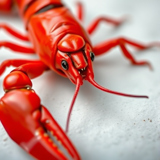 Close-up of a vibrant red lobster on a white surface, shot with a Canon EOS R5, 85mm f/1.2 lens, aperture f/2.8, shutter speed 1/160, ISO 100, natural lighting, focus on texture and detail, shallow depth of field.