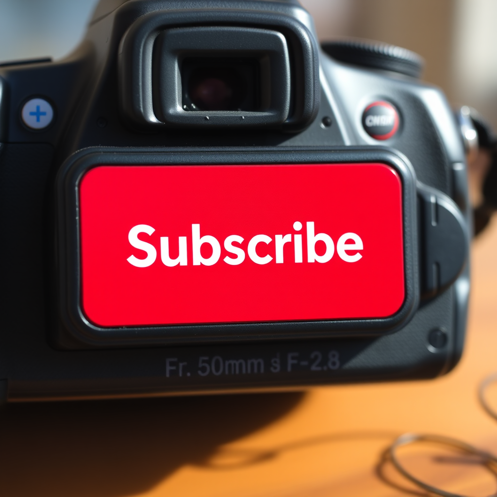Create a high-resolution image of a "Subscribe" button with a red background and white text, using a DSLR camera with a 50mm lens, aperture set to f/2.8, shot in natural light from a straight-on view, ensuring a clean focus on the text for clarity.