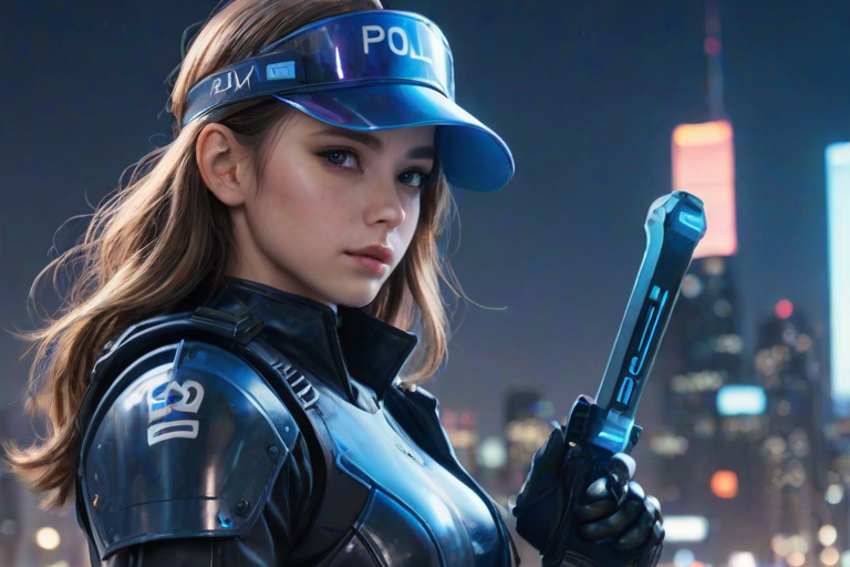 1 girl, android, simple, background, gradient background, see-through coat, iridescent, visor, realistic, aesthetic, from side, blue theme, white background, text POLICE, night city background, depth of field, holding weapon, sword, sword, sword reflection, traditional style grip, off centre crop, realistic