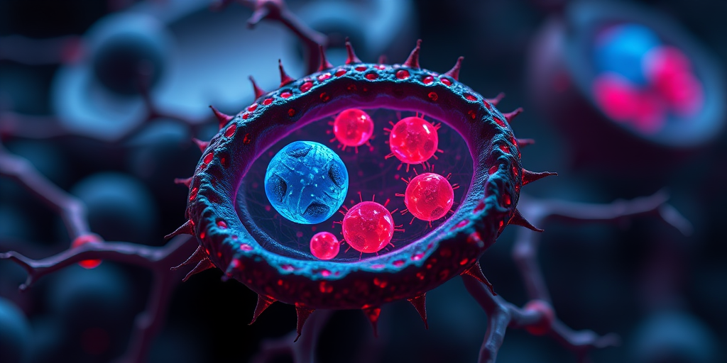 Generate a high-quality digital illustration of a cellular structure with vibrant red and blue elements, depicted in a cross-sectional view, using a Canon EOS 5D Mark IV with a 50mm lens, f/8 aperture, ISO 100, and a shallow depth of field to create a soft background blur.