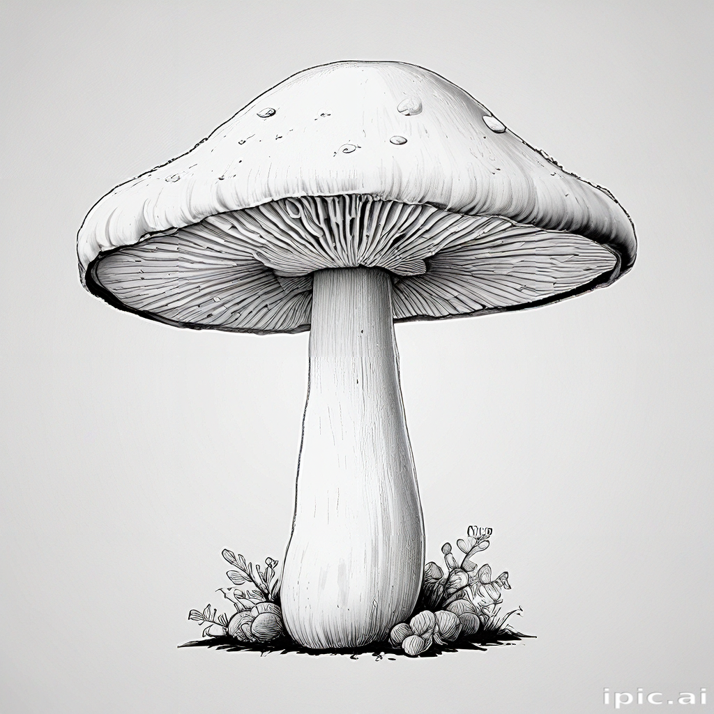 Intricate Black and White Illustration of a Detailed Mushroom with Dew ...