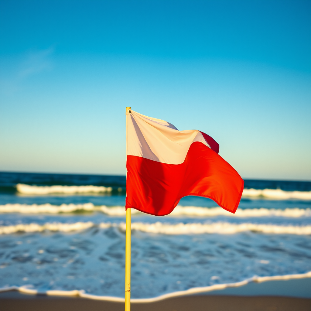 Capture a vibrant image of a Polish flag waving on a beach with ocean waves in the background, using a DSLR camera with a 50mm lens, aperture set to f/2.8 for shallow depth of field, ISO 100 for clear details, and a shutter speed of 1/500 seconds to freeze motion, during golden hour for warm lighting.