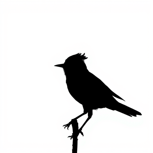 Regenerate a high-contrast black silhouette of a whimsical bird against a white background, captured with a Canon EOS 5D Mark IV, using a 50mm lens at f/1.8, ISO 100, and shutter speed of 1/1000s, in natural light for enhanced clarity and detail.