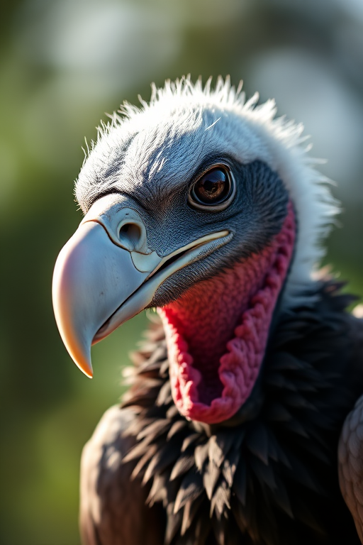 Capture a close-up of a vulture's head with a shallow depth of field, using a 85mm lens at f/1.8, ISO 200, and 1/200 sec shutter speed, in natural light with a soft bokeh background for enhanced detail and color contrast.