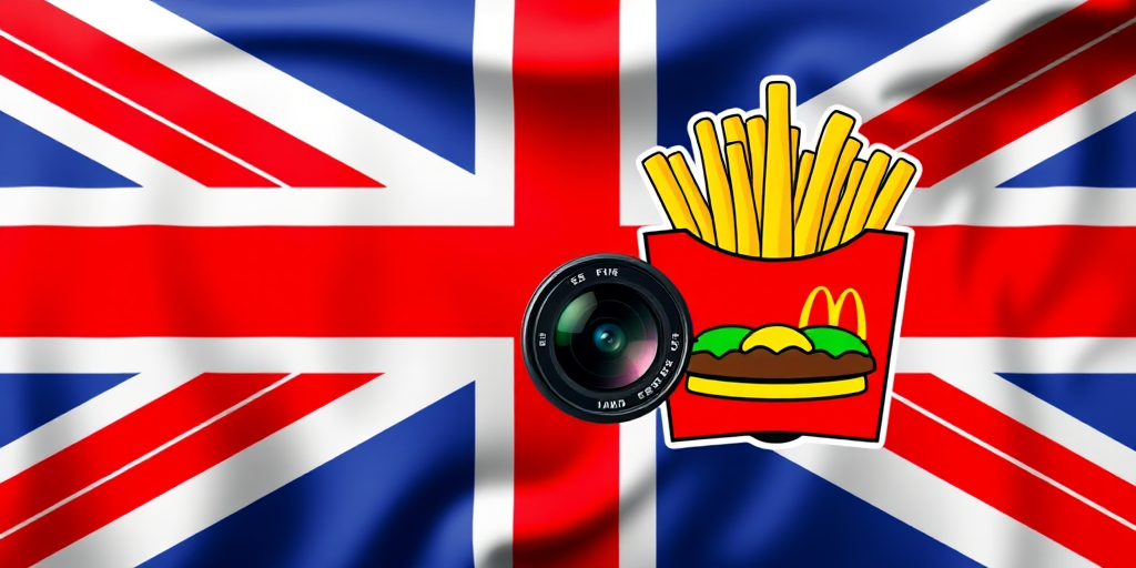 Create an image of a stylized national flag featuring the Union Jack in the background and a crest that combines the McDonald's logo with a hamburger and fries, using a DSLR camera with a 50mm lens, f/1.8 aperture, ISO 100, portrait view, and vibrant color settings for enhanced clarity and detail.