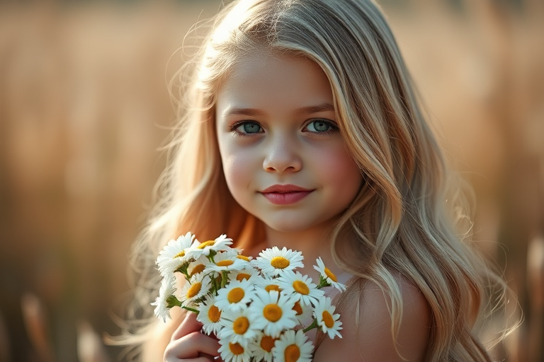 Create a soft-focus portrait of a young girl with long, wavy blonde hair holding a bouquet of daisies, captured in natural light using a Canon EOS R5, 85mm lens, f/1.8 aperture, ISO 100, with a warm color palette and gentle bokeh background.