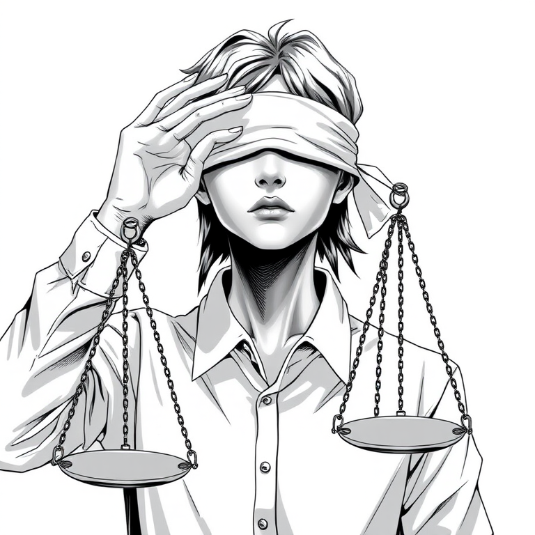 Create a high-resolution black and white illustration of a person in a justice or legal theme adjusting their blindfold while holding a balanced scale, using a DSLR camera with a 50mm lens, f/2.8 aperture, 1/125 seconds shutter speed, and ISO 100, in a well-lit environment and a shallow depth of field.