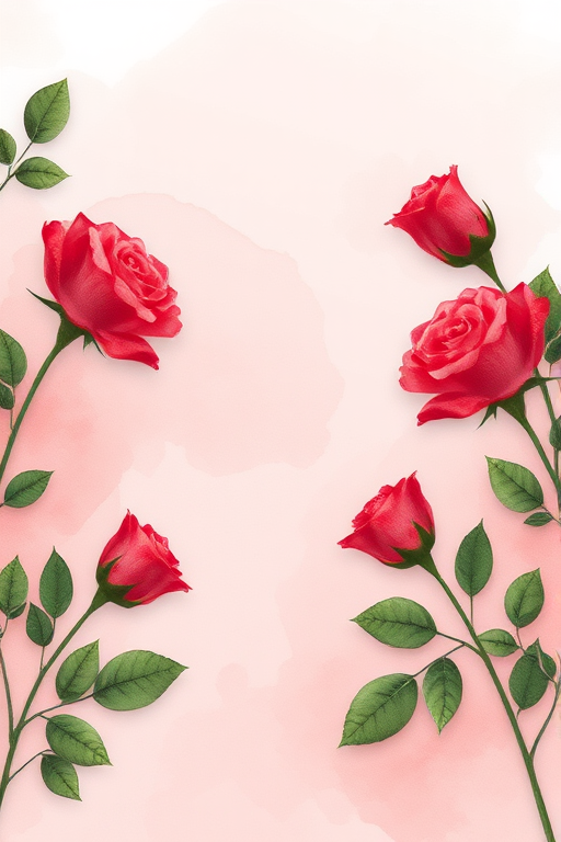 Create a soft watercolor background with delicate red roses and green leaves in the corners, using a Canon EOS R with a 50mm f/1.8 lens at f/2.8, ISO 100, and a shallow depth of field to enhance softness and color vibrancy.