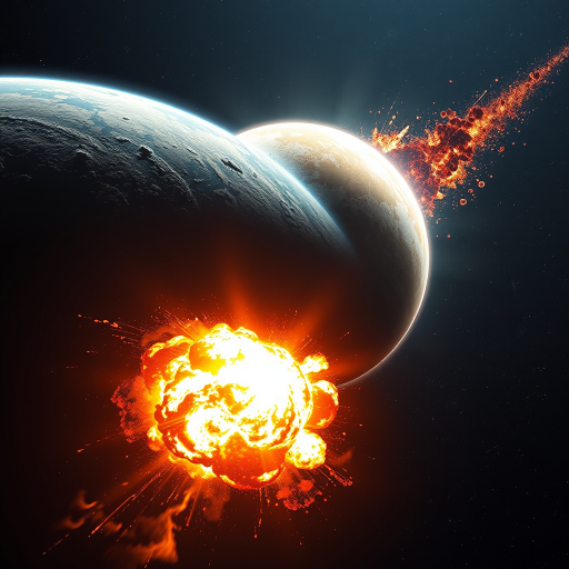 Generate a high-resolution image of a planet colliding with another planet, showing a dramatic explosion and fiery debris in space, using a 50mm lens, f/8 aperture, ISO 100, 1/1000 sec shutter speed, captured in a wide-angle view with a digital SLR camera for enhanced details and clarity.