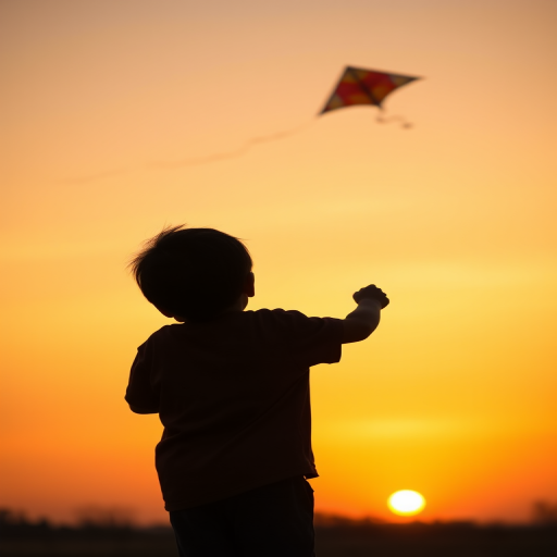 silhouette of a child flying a kite at sunset with a vibrant orange sky, soft focus, wide-angle lens, f/8 aperture, ISO 100, 1/200 sec shutter speed, DSLR camera, golden hour lighting