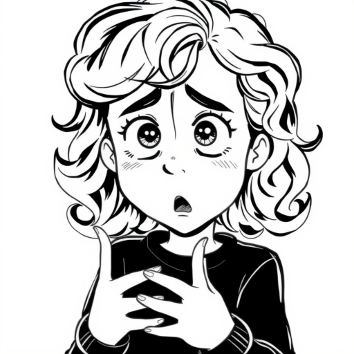 The image is a black and white illustration of a young girl with curly hair. She has a surprised expression on her face with her mouth open and her hands clasped together in front of her chest. Her eyes are wide and her eyebrows are furrowed. Her hair is styled in loose curls that are cascading down her back. The overall mood of the image is one of shock or surprise.