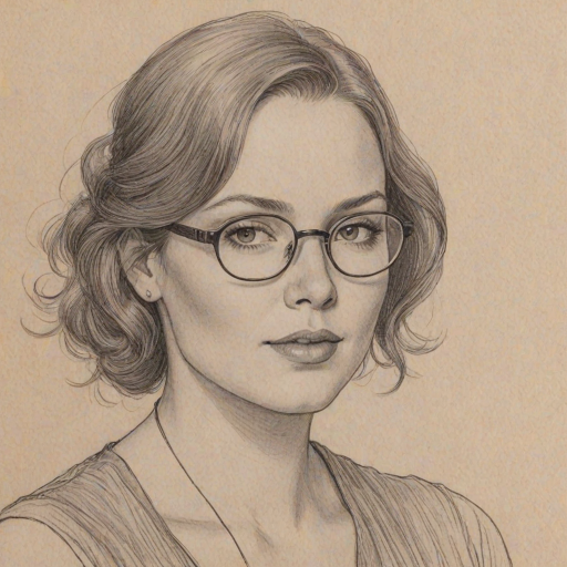 Splendid Cassandra Clare, pencil sketch, portrait of Radiant woman 1929s in glasses, hair style beatnik, outline, clear lines, fine lines, 8k