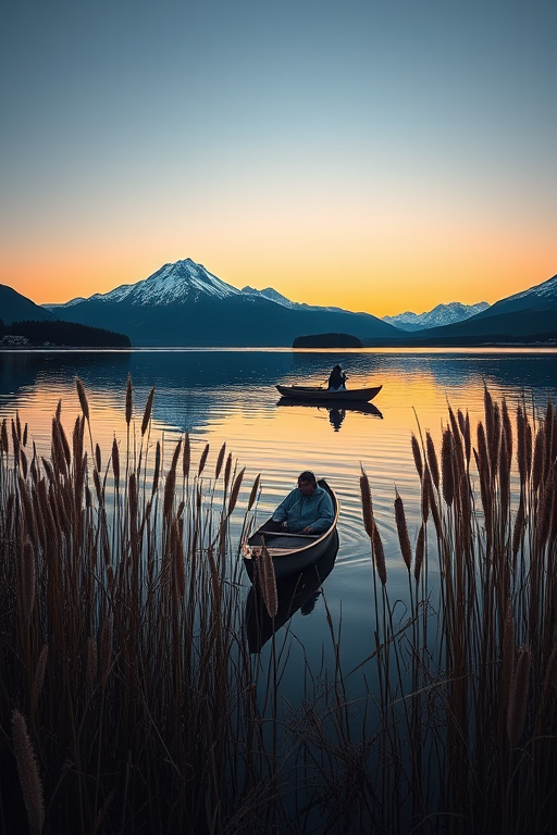 Generate a serene landscape of a person in a boat on a calm lake surrounded by tall reeds with snow-capped mountains in the background, shot with a Canon EOS R5, 24-70mm lens, aperture f/8, ISO 100, at sunrise, in landscape orientation, capturing high detail and vibrant colors.