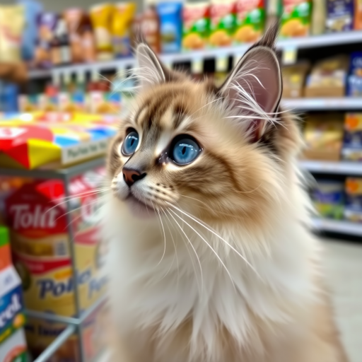 A fluffy cat with striking blue eyes and a cream and gray coat is looking curiously to the side in a store filled with various food items and colorful packaging in the background.