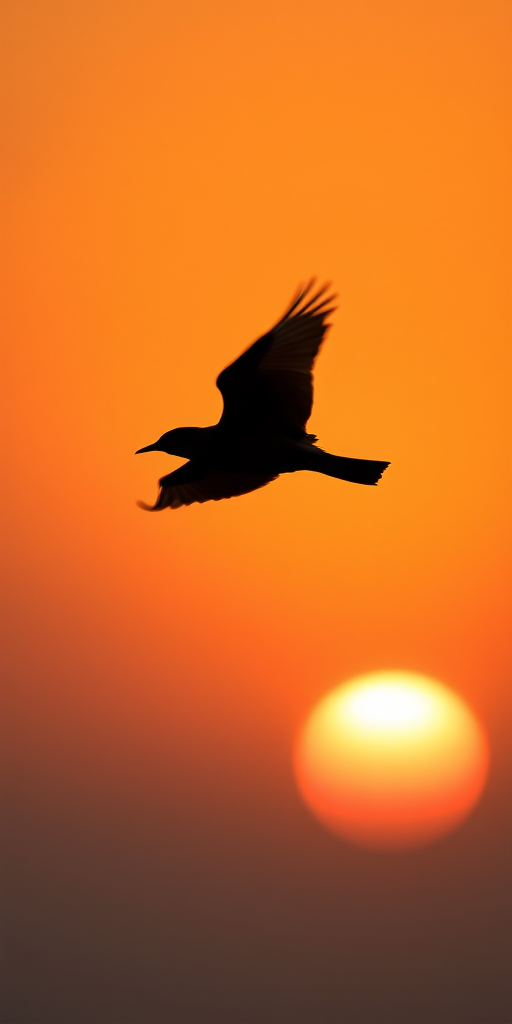 high-resolution silhouette of a bird in flight against a soft gradient sunset background, captured with a Canon EOS R5, 50mm f/1.2 lens, aperture f/2.8, ISO 100, shutter speed 1/1000 sec, shot from a low angle to emphasize the wingspan, natural light for enhanced color depth.
