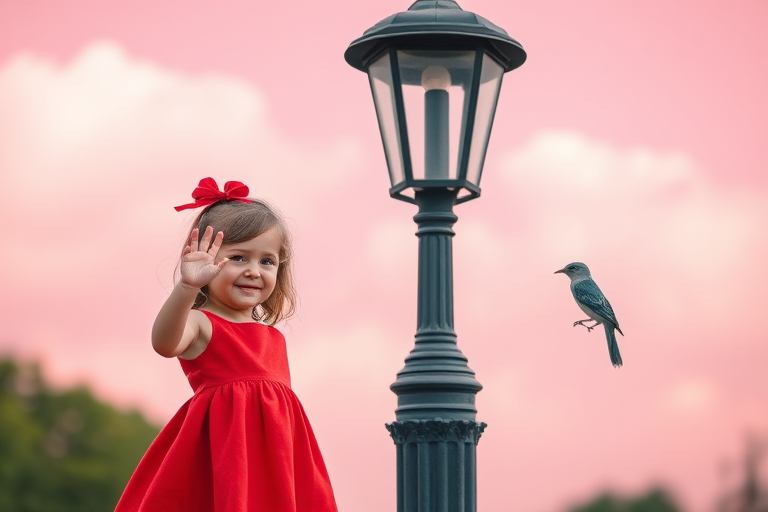a little girl in a red dress waving beside a lamp post with a bird perched on it, pink background with clouds, soft focus, 50mm lens, f/2.8, ISO 100, shot on a DSLR, vibrant colors and high contrast, natural lighting
