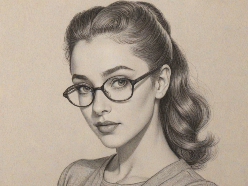 Attractive Ariana Greenblatt, pencil sketch, portrait of Enticing woman 1936s in glasses, hair style beatnik, outline, clear lines, fine lines, 8k