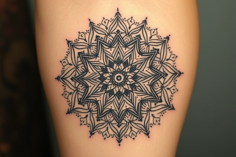 Dotwork mandala tattoo named "Cosmic Meditation" creating intricate geometric patterns and sacred symbols using thousands of tiny dots in varying densities