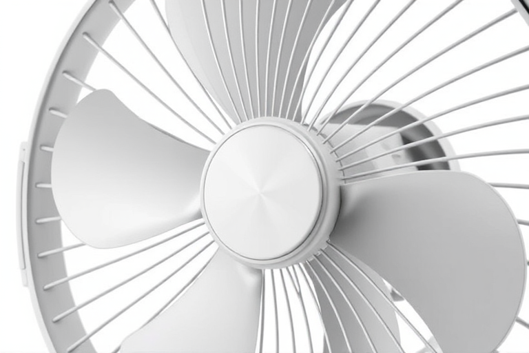 Generate a high-resolution image of a modern bladeless fan, using a DSLR camera with a 50mm lens, aperture set to f/2.8, ISO 100, and a 1/125s shutter speed, capturing a close-up view with a clean white background to enhance the fan's sleek design.