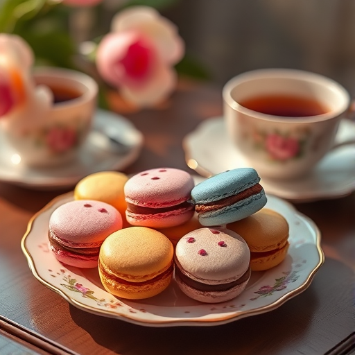 Warmly lit photo of a colorful assortment of macarons on a delicate plate, soft light highlighting the vibrant colors and a cup of tea beside it.