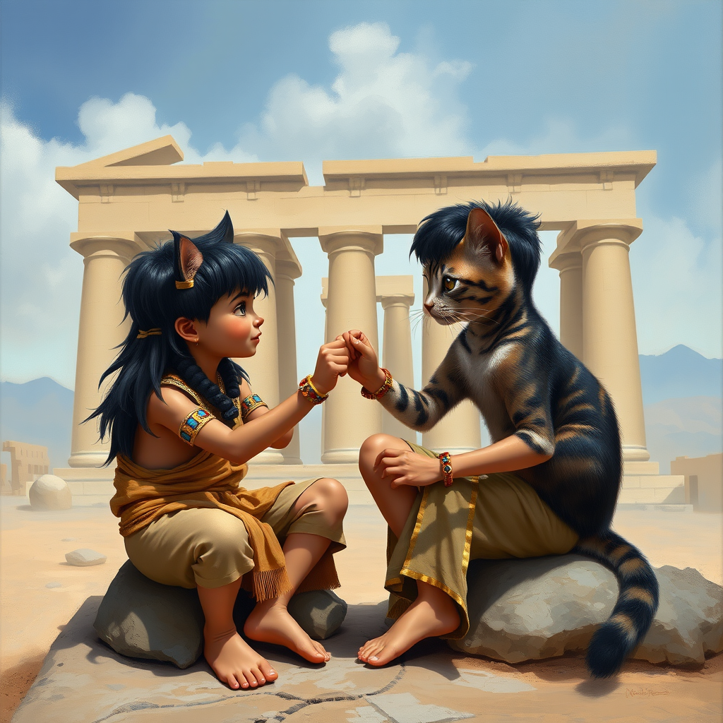 Airbrush, whimsical, glossy oil painting, hyper realism of an Ancient Egyptian boy with black messy short hair, wearing an Ancient Egyptian outfit, bare feet, sitting on a stone in front of a temple, fist bumping with his Ancient Egyptian cat, the boy and the cat looking to each other proudly.