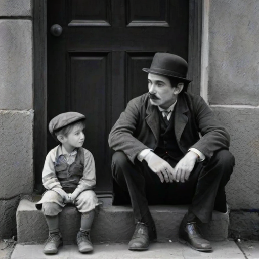 A black-and-white photograph of a man and a child sitting on steps in front of a doorway. The man is dressed as a tramp with a bowler hat, mustache, and ragged clothes, reminiscent of Charlie Chaplin's iconic look. He is sitting with his arms crossed and an expression of slight sadness or frustration. Next to him is a young boy, also in worn clothes and a cap, sitting with his hands clasped, looking thoughtful. The background is an old, textured wall and a partially open door, creating a vintage, early 20th-century atmosphere.