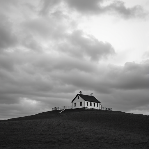 Generate a dramatic black and white image of a solitary house on a hill under an overcast sky with moody clouds, using a full-frame DSLR camera, 50mm lens, aperture f/2.8, ISO 200, and a shallow depth of field for enhanced image quality.